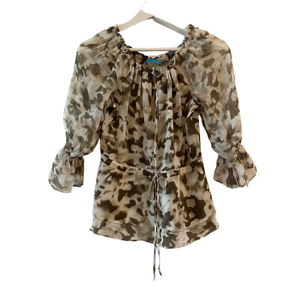 Alice + Olivia Silk Blouse Womens Size XS Tan Brown Animal Print Ruched Gathered